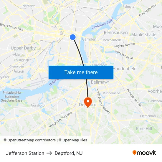 Jefferson Station to Deptford, NJ map