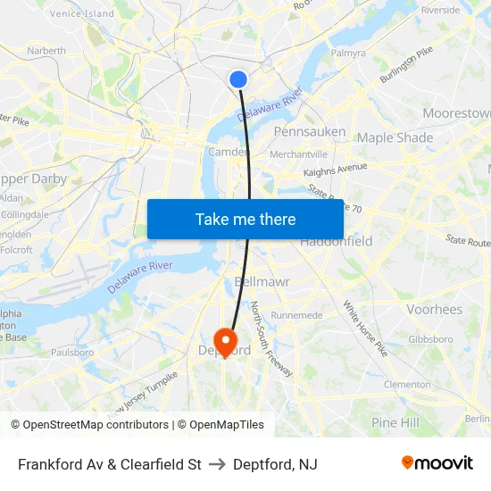 Frankford Av & Clearfield St to Deptford, NJ map