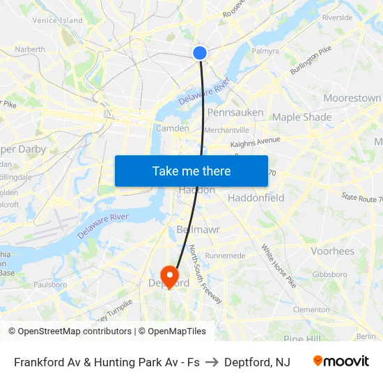 Frankford Av & Hunting Park Av - Fs to Deptford, NJ map