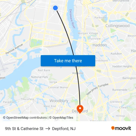 9th St & Catherine St to Deptford, NJ map