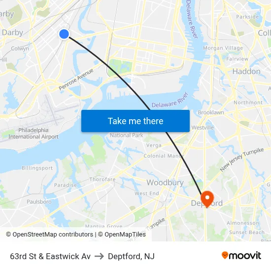 63rd St & Eastwick Av to Deptford, NJ map