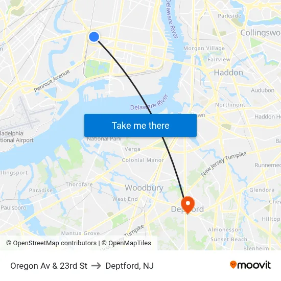 Oregon Av & 23rd St to Deptford, NJ map