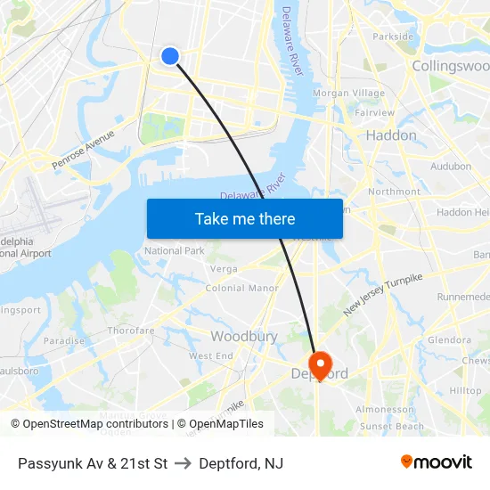 Passyunk Av & 21st St to Deptford, NJ map