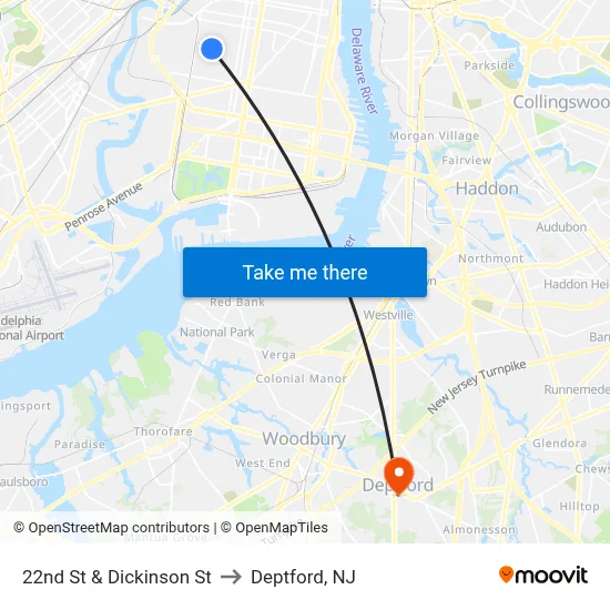 22nd St & Dickinson St to Deptford, NJ map