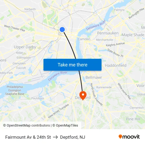 Fairmount Av & 24th St to Deptford, NJ map
