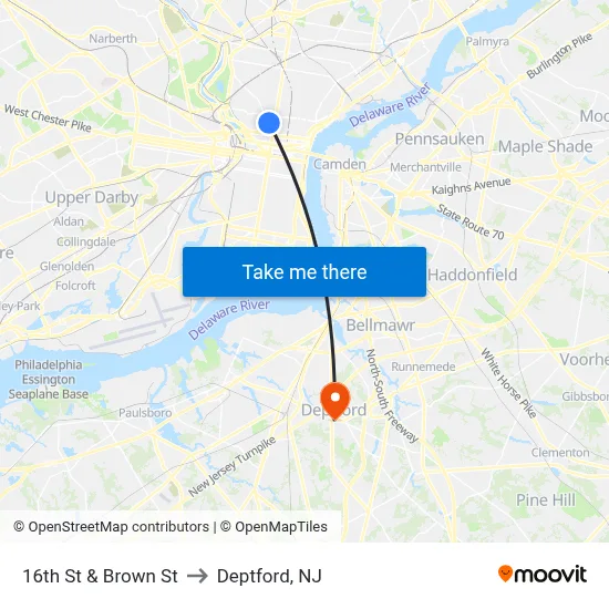 16th St & Brown St to Deptford, NJ map