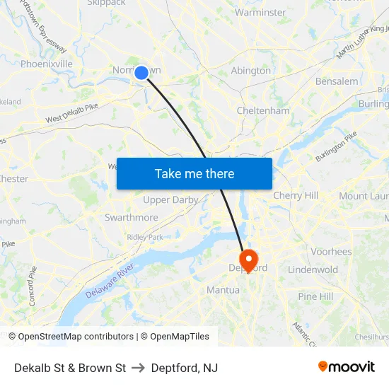 Dekalb St & Brown St to Deptford, NJ map