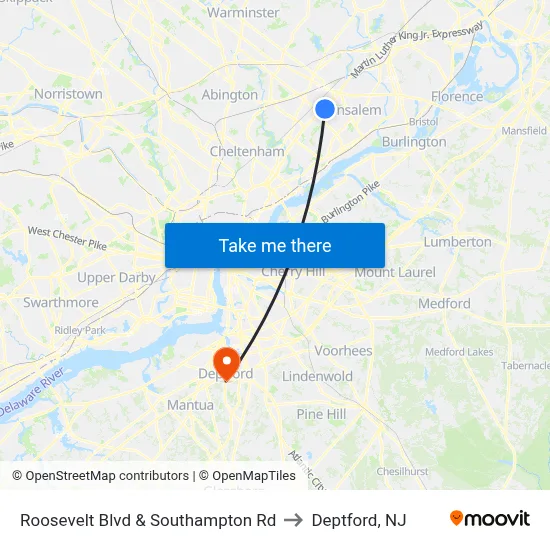 Roosevelt Blvd & Southampton Rd to Deptford, NJ map