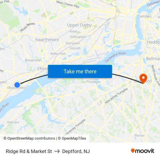 Ridge Rd & Market St to Deptford, NJ map