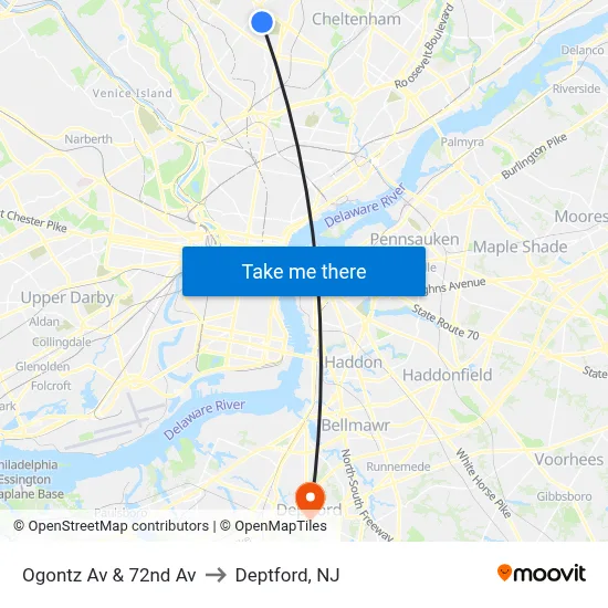 Ogontz Av & 72nd Av to Deptford, NJ map