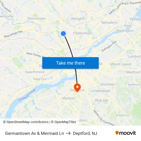 Germantown Av & Mermaid Ln to Deptford, NJ map