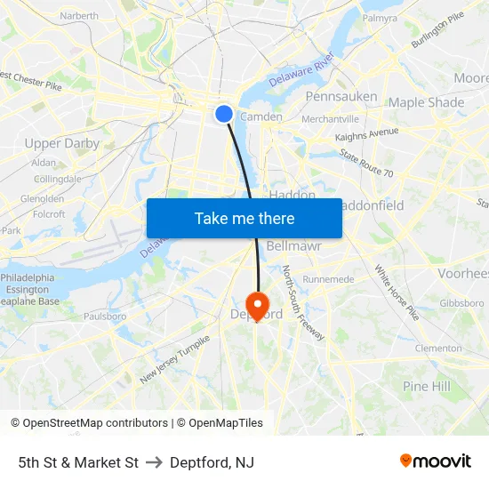 5th St & Market St to Deptford, NJ map