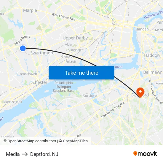 Media to Deptford, NJ map