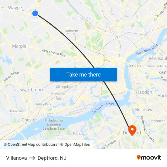 Villanova to Deptford, NJ map