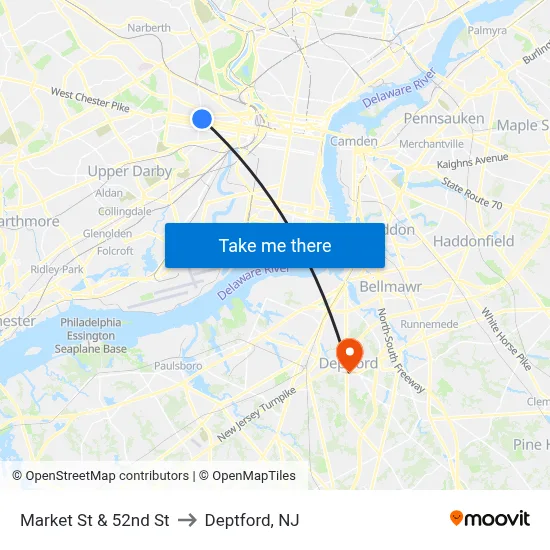 Market St & 52nd St to Deptford, NJ map