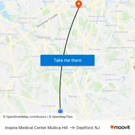 Inspira Medical Center Mullica Hill to Deptford, NJ map
