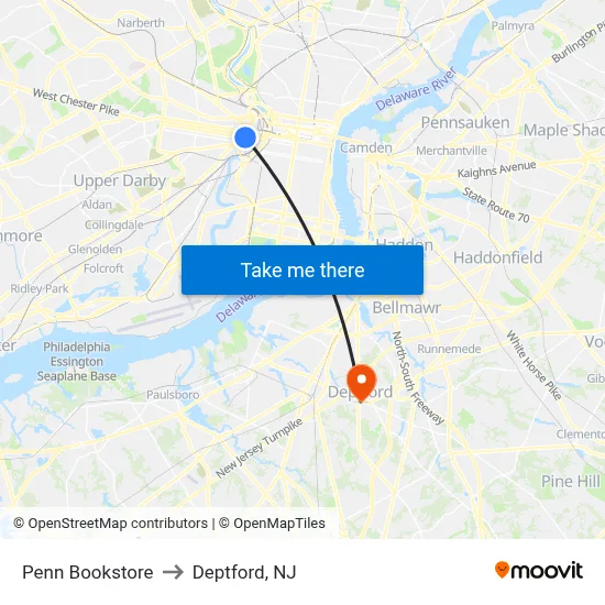 Penn Bookstore to Deptford, NJ map