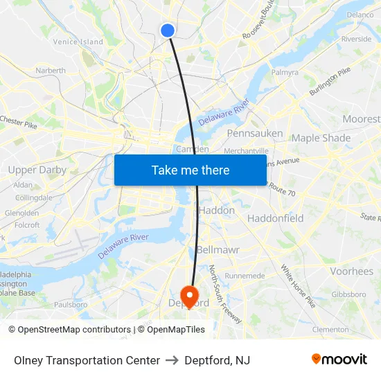 Olney Transportation Center to Deptford, NJ map