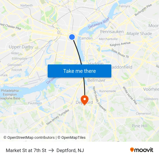Market St at 7th St to Deptford, NJ map
