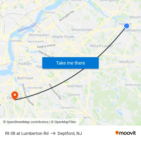 Rt-38 at Lumberton Rd to Deptford, NJ map