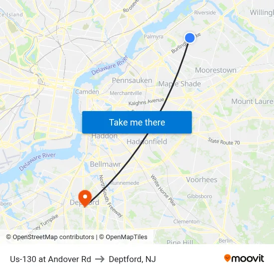 Us-130 at Andover Rd to Deptford, NJ map