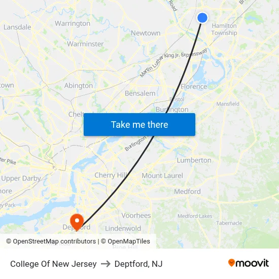 College Of New Jersey to Deptford, NJ map
