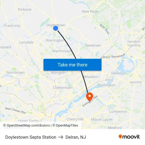 Doylestown Septa Station to Delran, NJ map