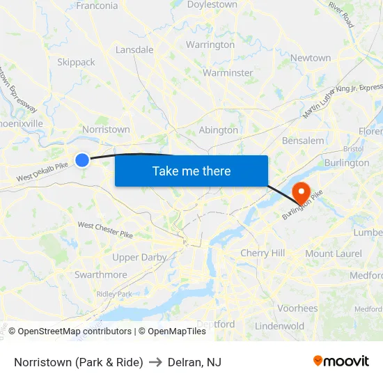 Norristown (Park & Ride) to Delran, NJ map