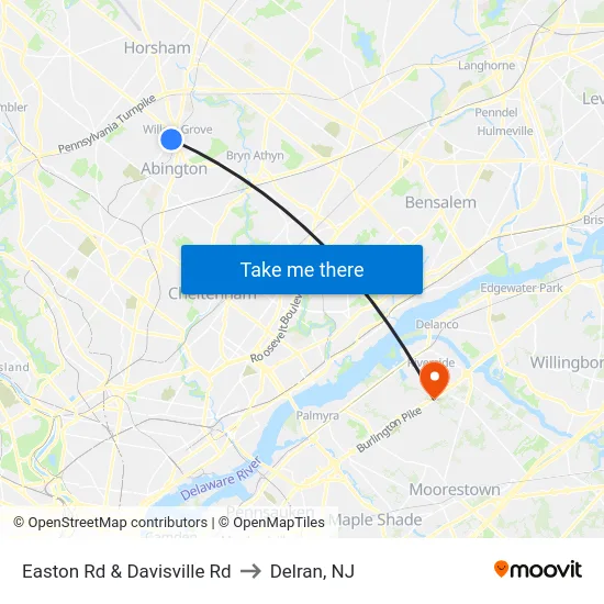 Easton Rd & Davisville Rd to Delran, NJ map