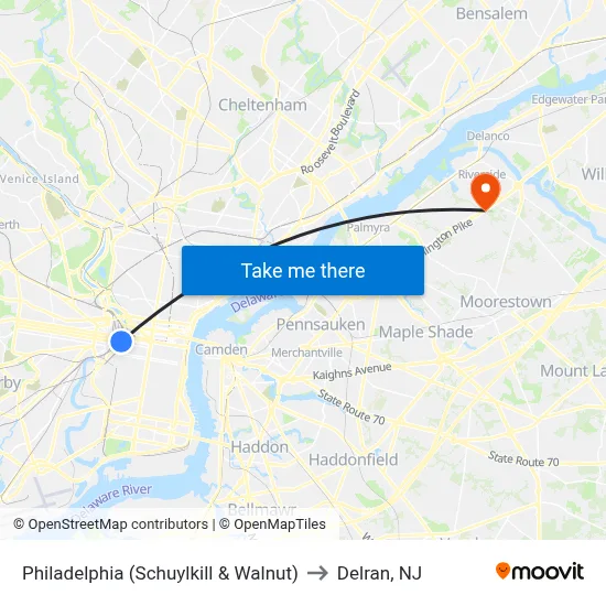 Philadelphia (Schuylkill & Walnut) to Delran, NJ map
