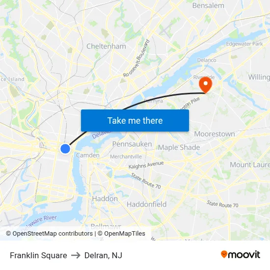Franklin Square to Delran, NJ map