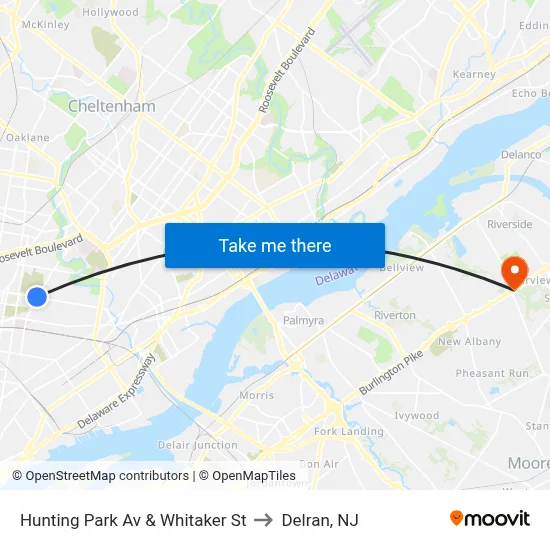Hunting Park Av & Whitaker St to Delran, NJ map