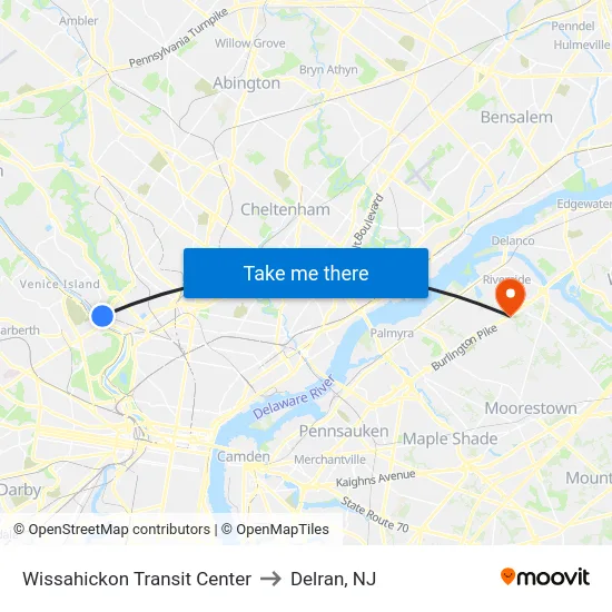 Wissahickon Transit Center to Delran, NJ map