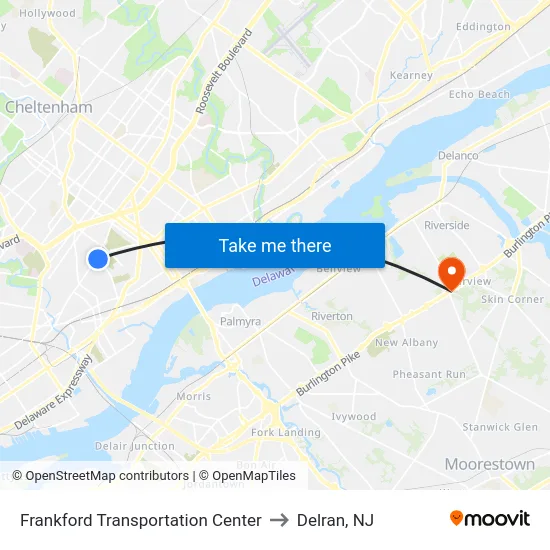 Frankford Transportation Center to Delran, NJ map
