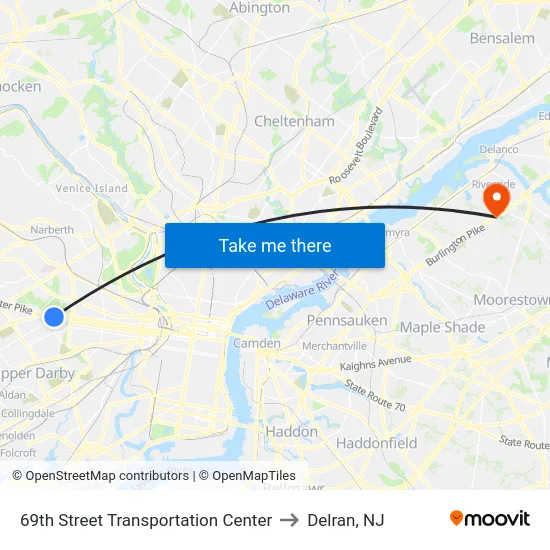 69th Street Transportation Center to Delran, NJ map