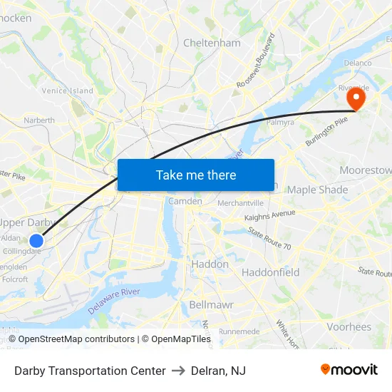 Darby Transportation Center to Delran, NJ map