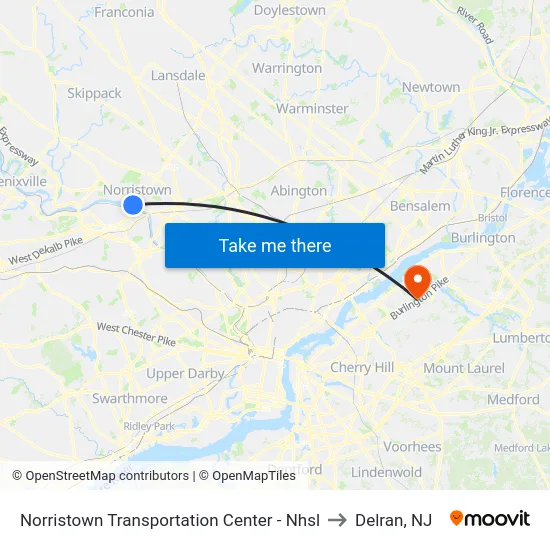Norristown Transportation Center - Nhsl to Delran, NJ map