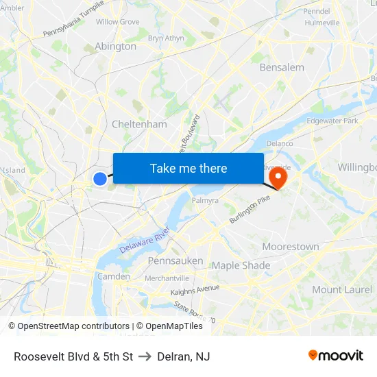Roosevelt Blvd & 5th St to Delran, NJ map