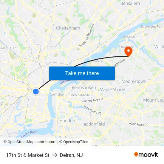 17th St & Market St to Delran, NJ map