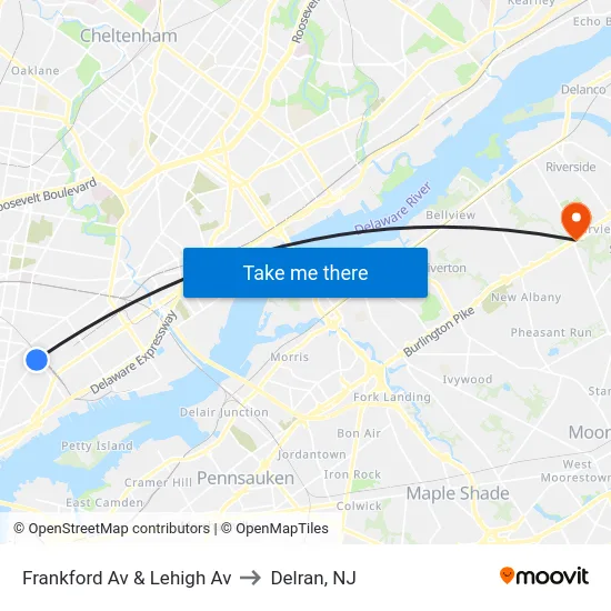 Frankford Av & Lehigh Av to Delran, NJ map