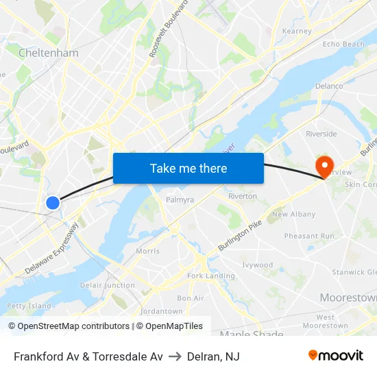 Frankford Av & Torresdale Av to Delran, NJ map