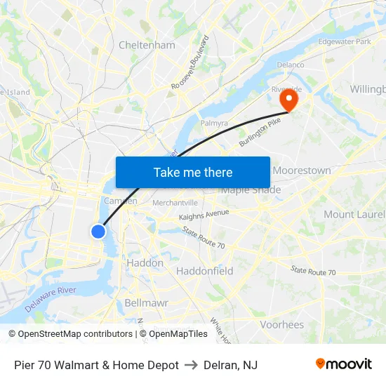 Pier 70 Walmart & Home Depot to Delran, NJ map