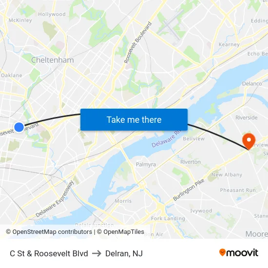 C St & Roosevelt Blvd to Delran, NJ map