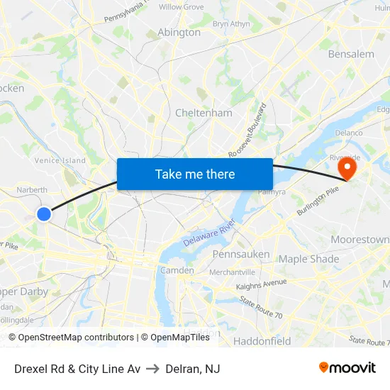 Drexel Rd & City Line Av to Delran, NJ map