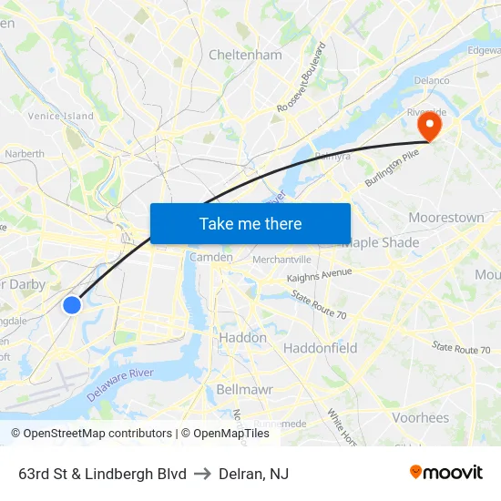63rd St & Lindbergh Blvd to Delran, NJ map