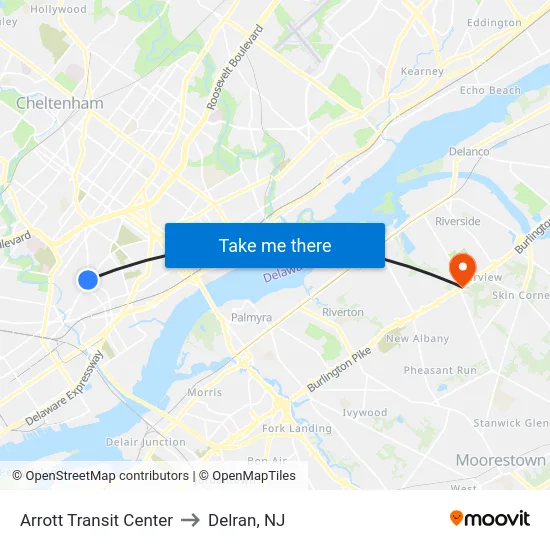 Arrott Transit Center to Delran, NJ map