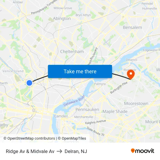 Ridge Av & Midvale Av to Delran, NJ map