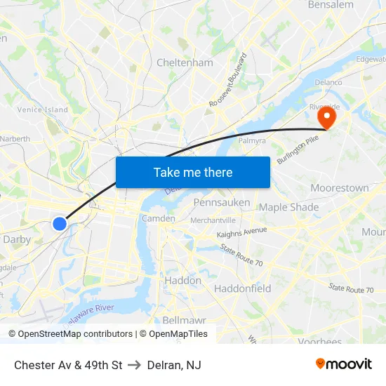 Chester Av & 49th St to Delran, NJ map