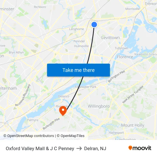 Oxford Valley Mall & J C Penney to Delran, NJ map