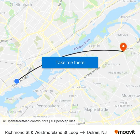 Richmond St & Westmoreland St Loop to Delran, NJ map